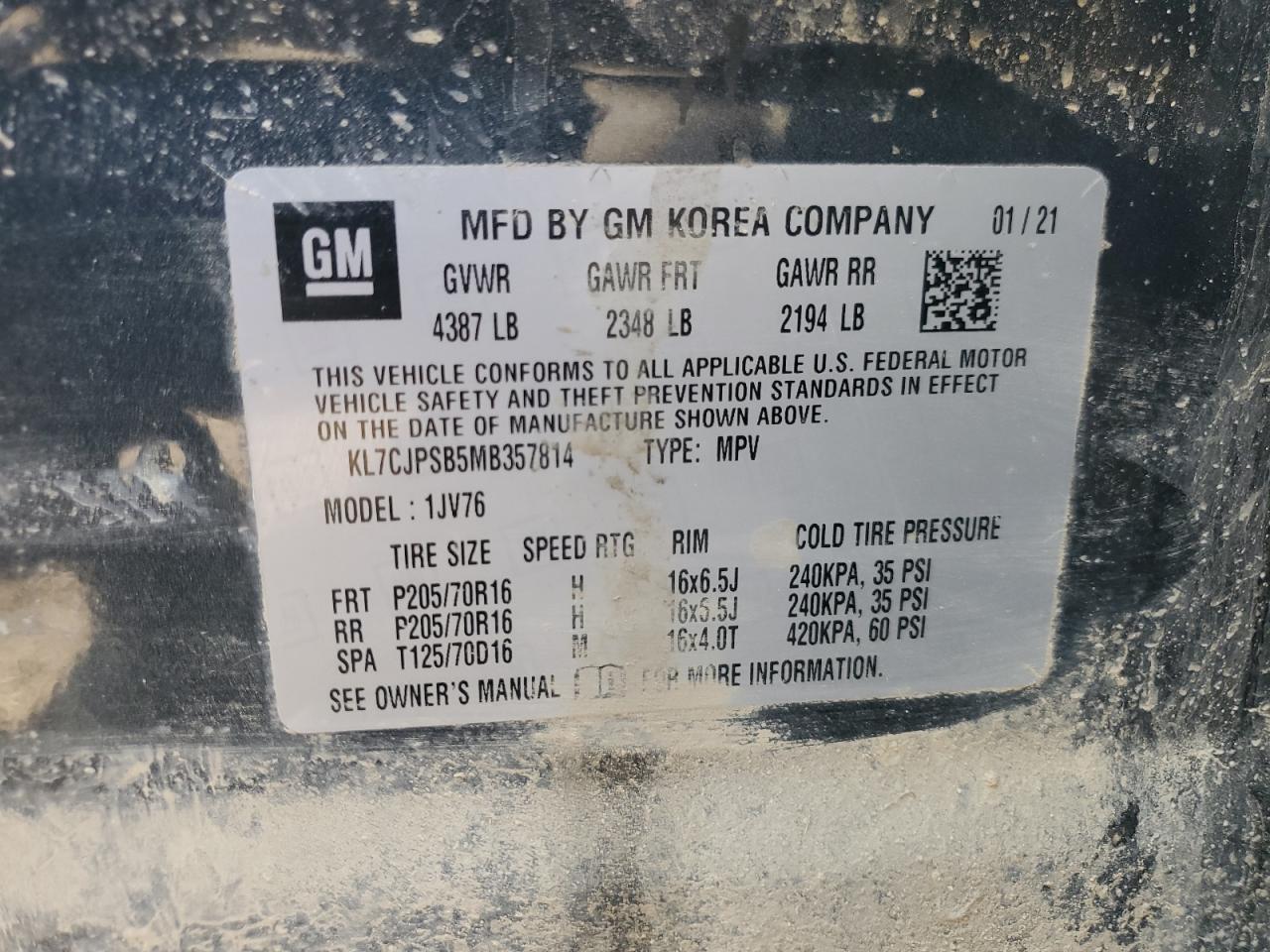 2021 Chevrolet Trax 1Lt VIN: KL7CJPSB5MB357814 Lot: 60506115