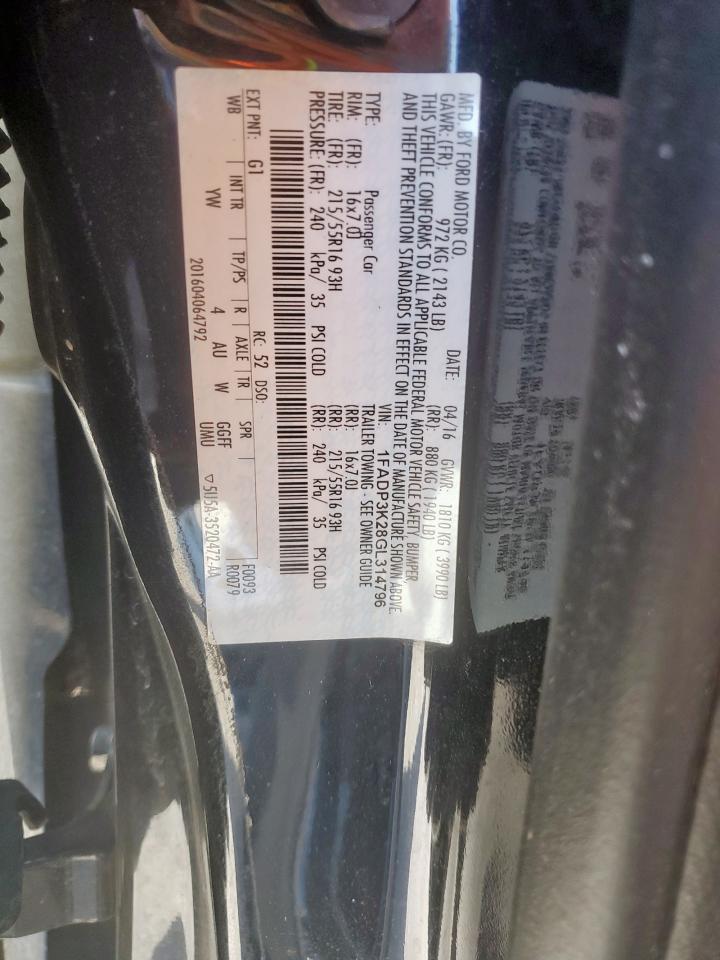 2016 Ford Focus Se VIN: 1FADP3K28GL314796 Lot: 61975605