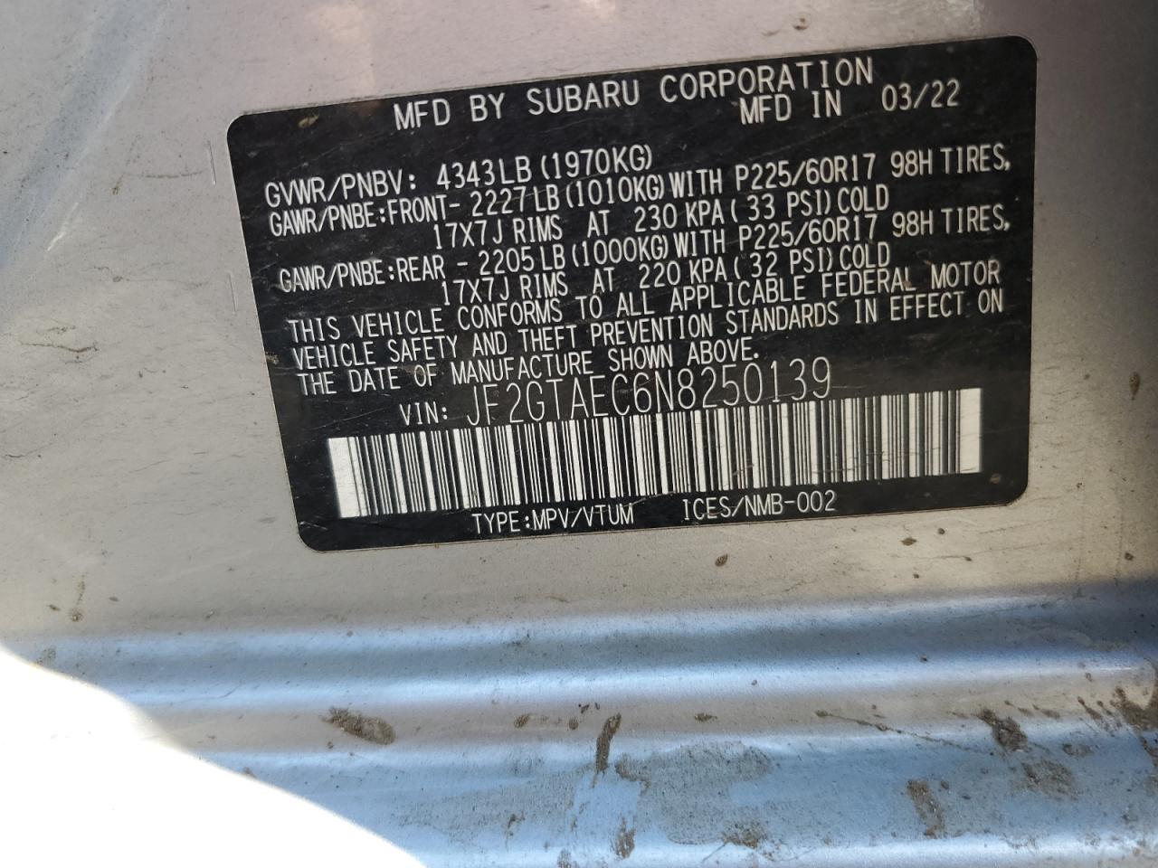 2022 Subaru Crosstrek Premium VIN: JF2GTAEC6N8250139 Lot: 62230715