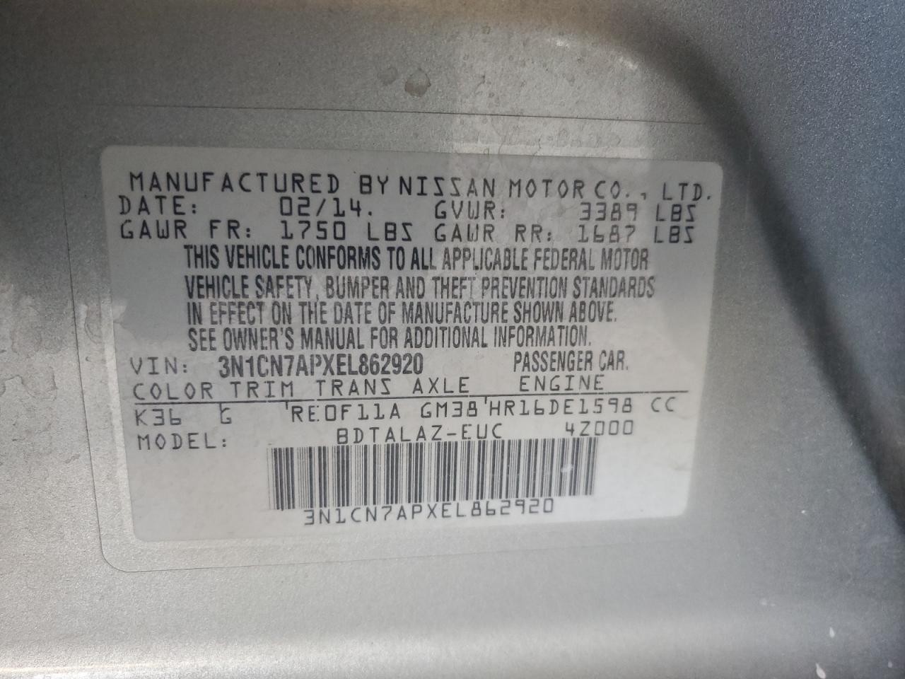 NISSAN VERSA 2014 VIN 3N1CN7APXEL862920 photo 12