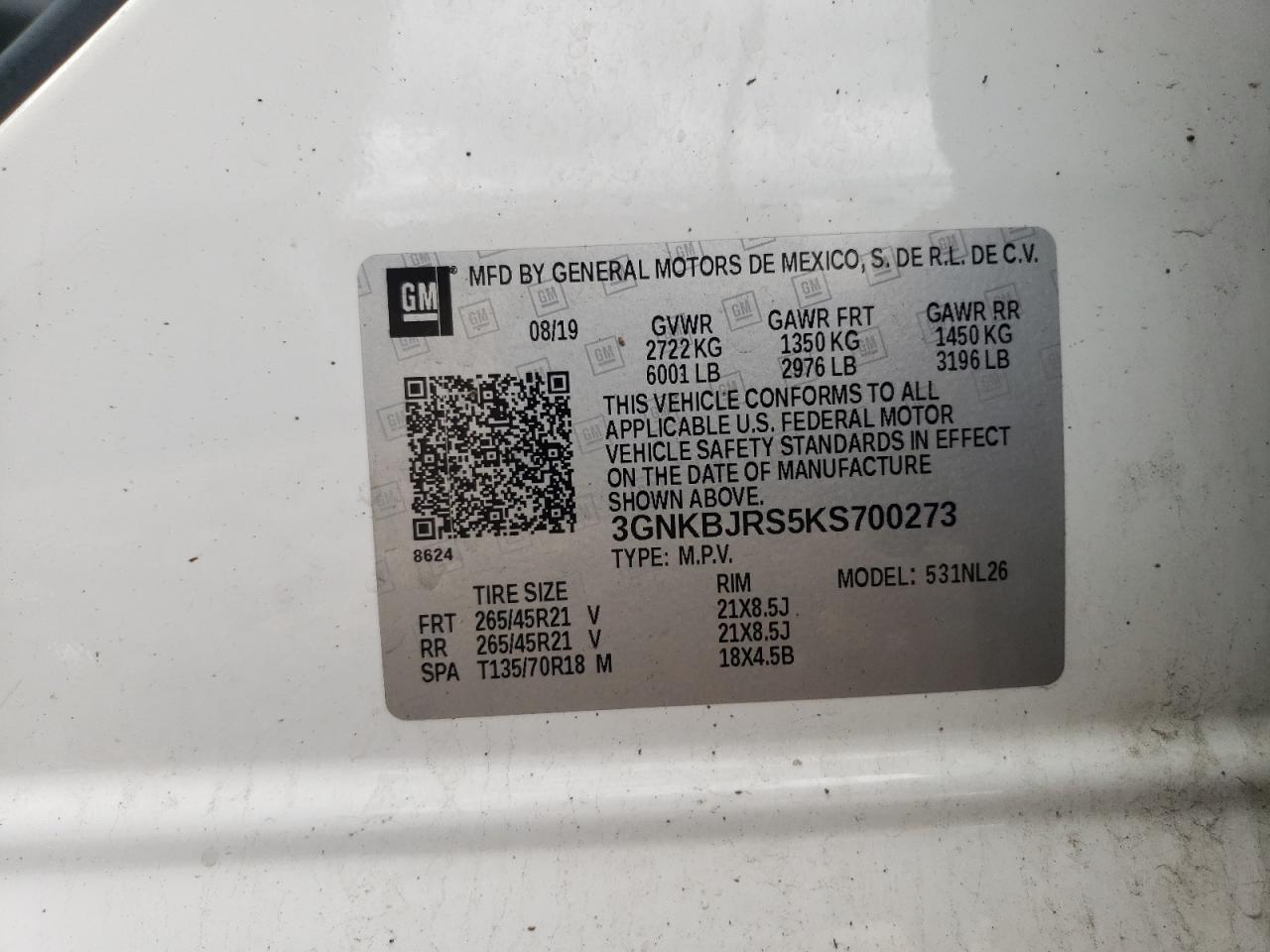 2019 Chevrolet Blazer Rs VIN: 3GNKBJRS5KS700273 Lot: 62612095