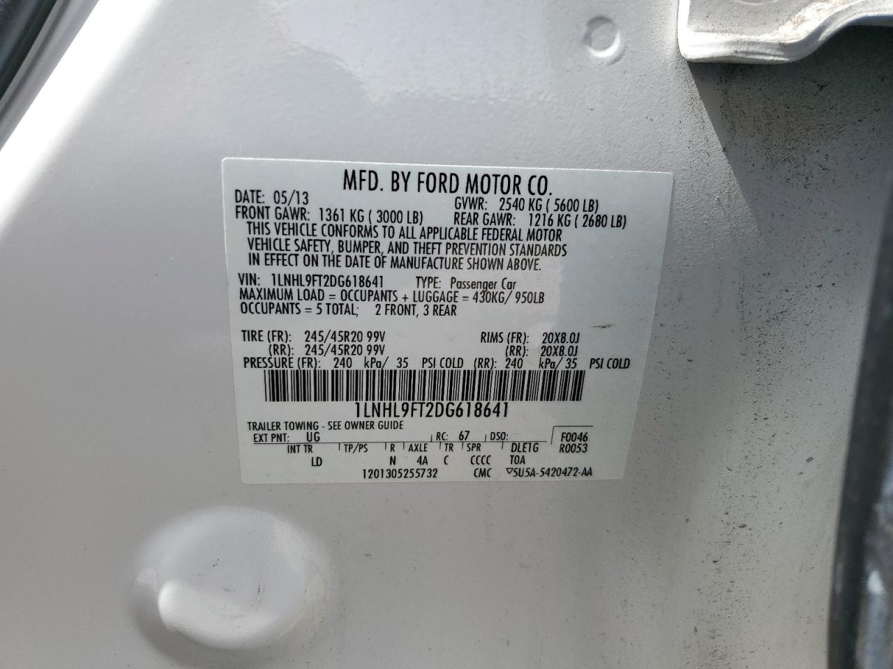 2013 Lincoln Mks VIN: 1LNHL9FT2DG618641 Lot: 62066365