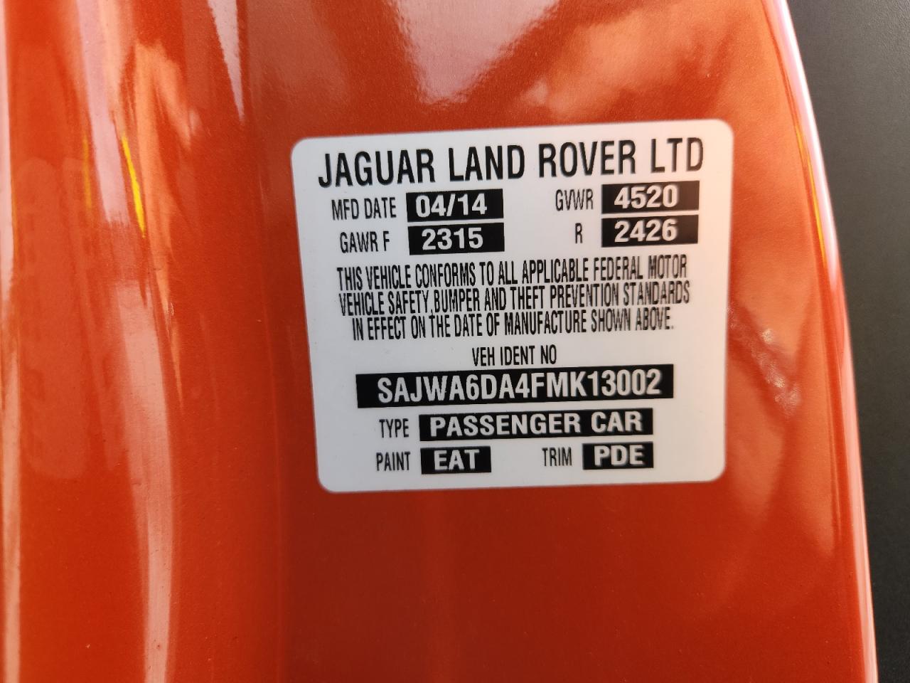 2015 Jaguar F-Type R VIN: SAJWA6DA4FMK13002 Lot: 61601155