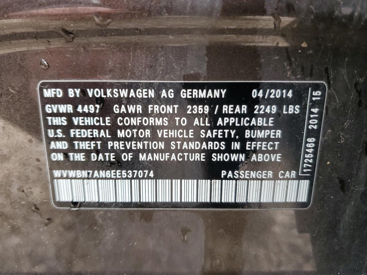 2014 Volkswagen Cc Sport VIN: WVWBN7AN6EE537074 Lot: 59174995