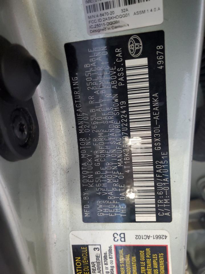 2007 Toyota Avalon Xl VIN: 4T1BK36B07U222419 Lot: 60853535