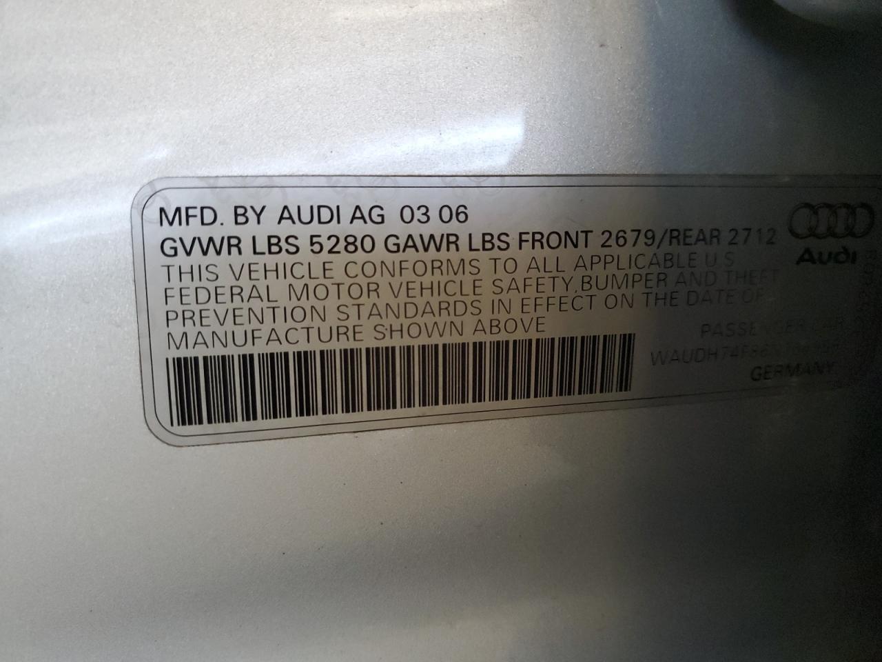 2006 Audi A6 3.2 Quattro VIN: WAUDH74F86N166955 Lot: 61326935