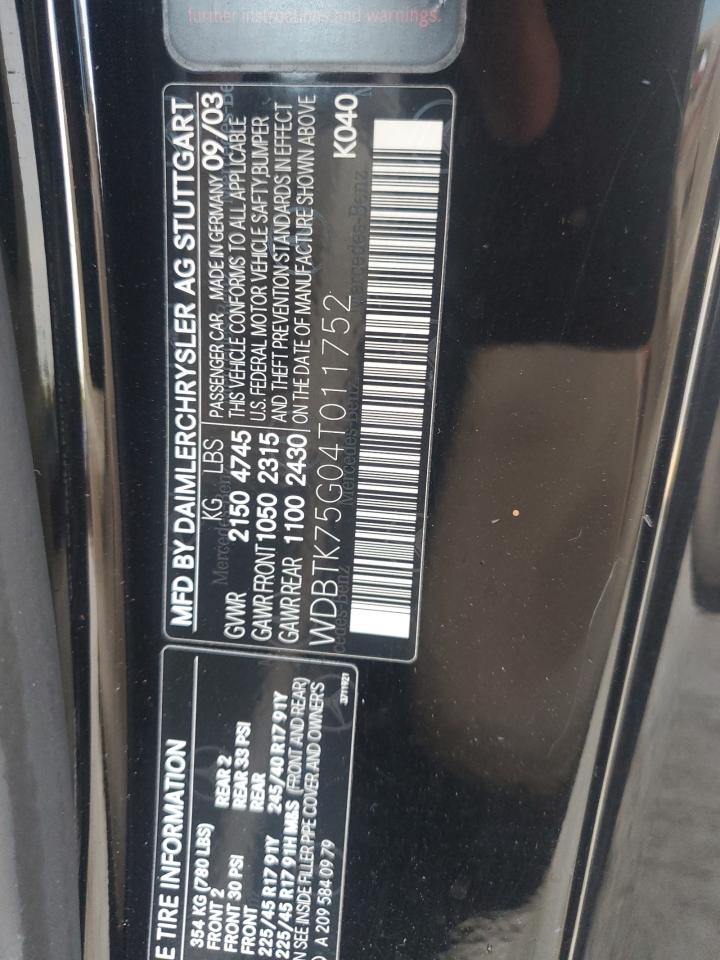 2004 Mercedes-Benz Clk 500 VIN: WDBTK75G04T011752 Lot: 62236405