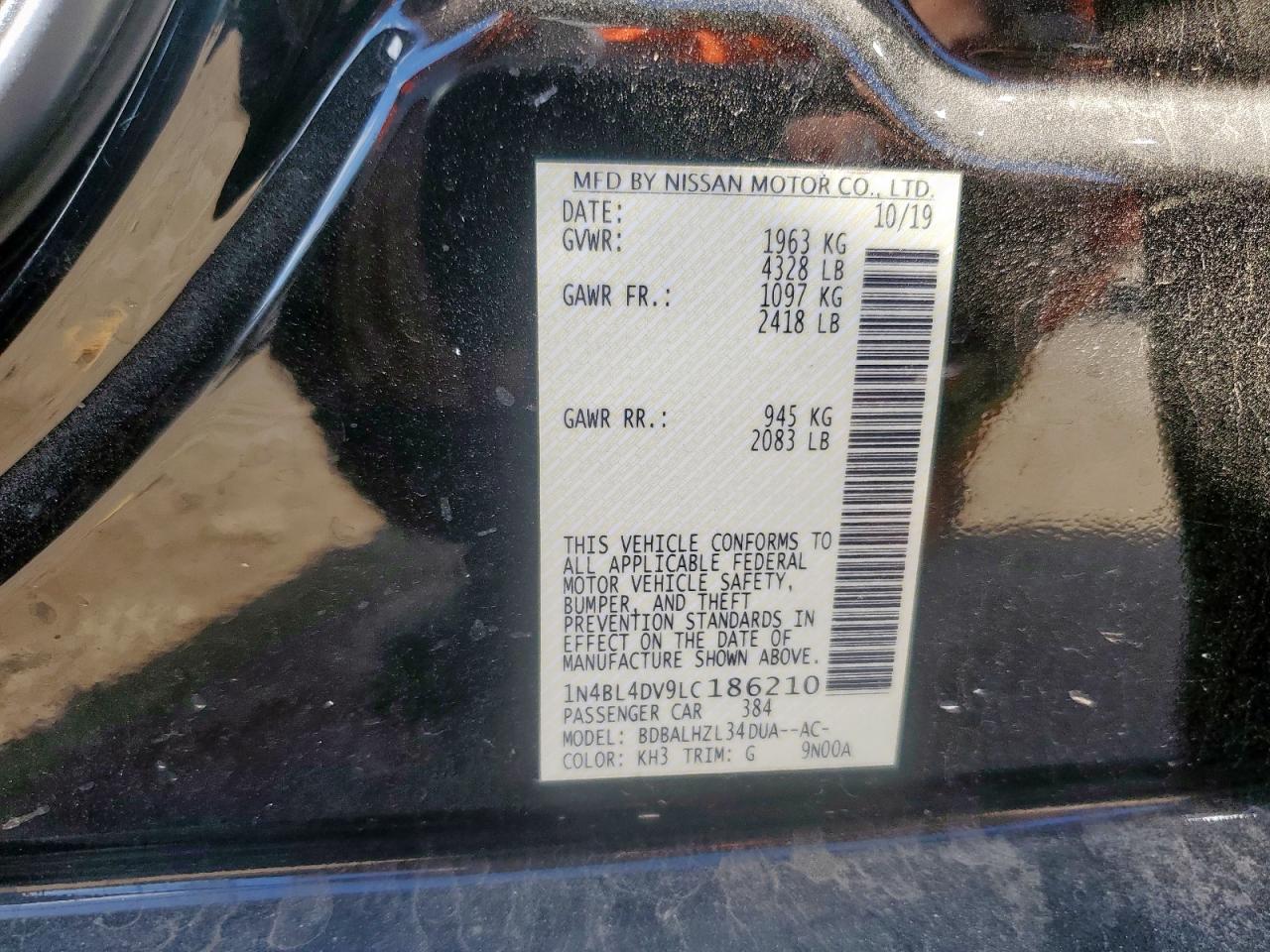 2020 Nissan Altima Sv VIN: 1N4BL4DV9LC186210 Lot: 62968055