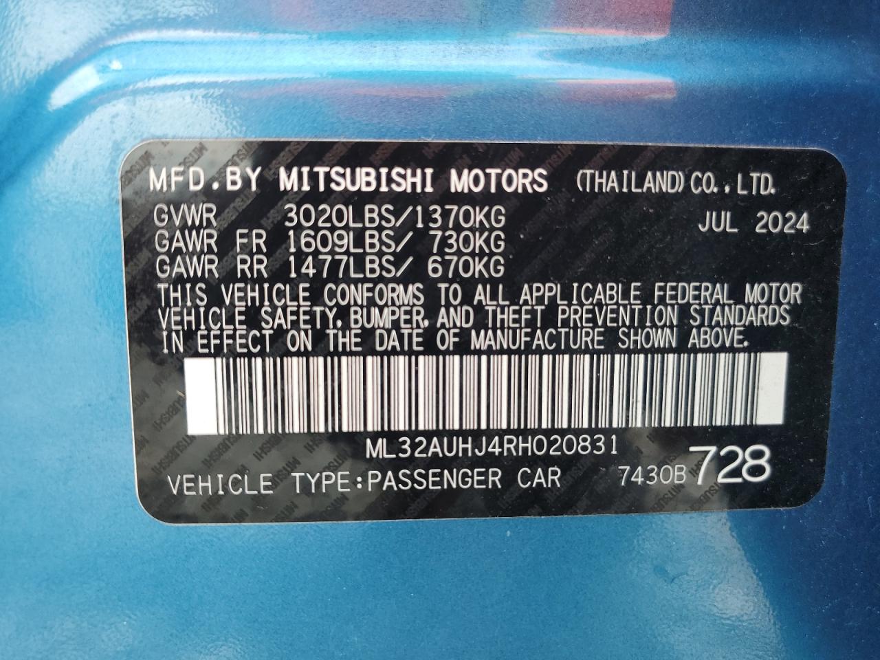 2024 Mitsubishi Mirage Es VIN: ML32AUHJ4RH020831 Lot: 61761915