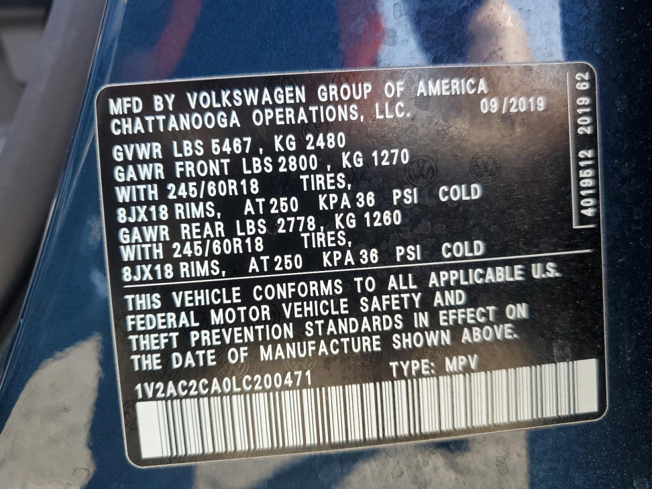 2020 Volkswagen Atlas Cross Sport S VIN: 1V2AC2CA0LC200471 Lot: 60123715
