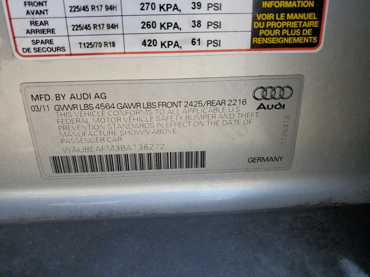 2011 Audi A3 Premium VIN: WAUBEAFM3BA136272 Lot: 62706585