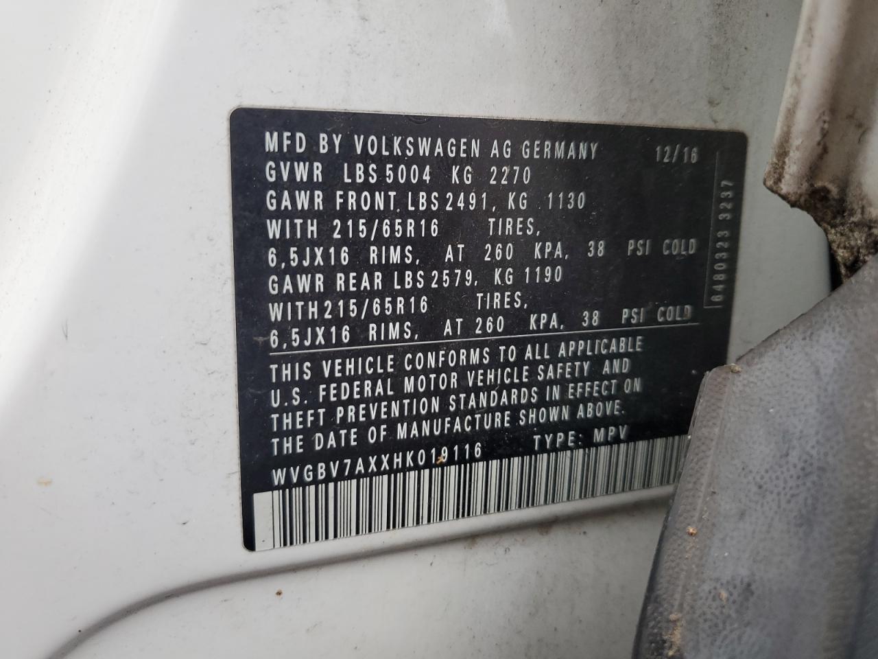 VOLKSWAGEN TIGUAN 2017 VIN WVGBV7AXXHK019116 фото 13