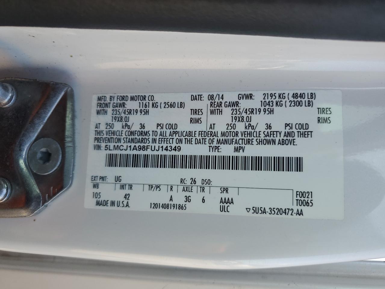 2015 Lincoln Mkc VIN: 5LMCJ1A98FUJ14349 Lot: 62365955
