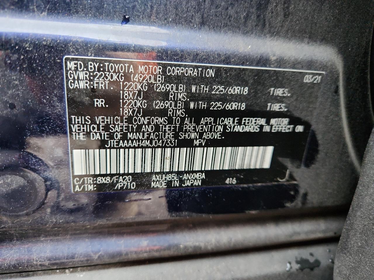 2021 Toyota Venza Le VIN: JTEAAAAH4MJ047331 Lot: 62558725