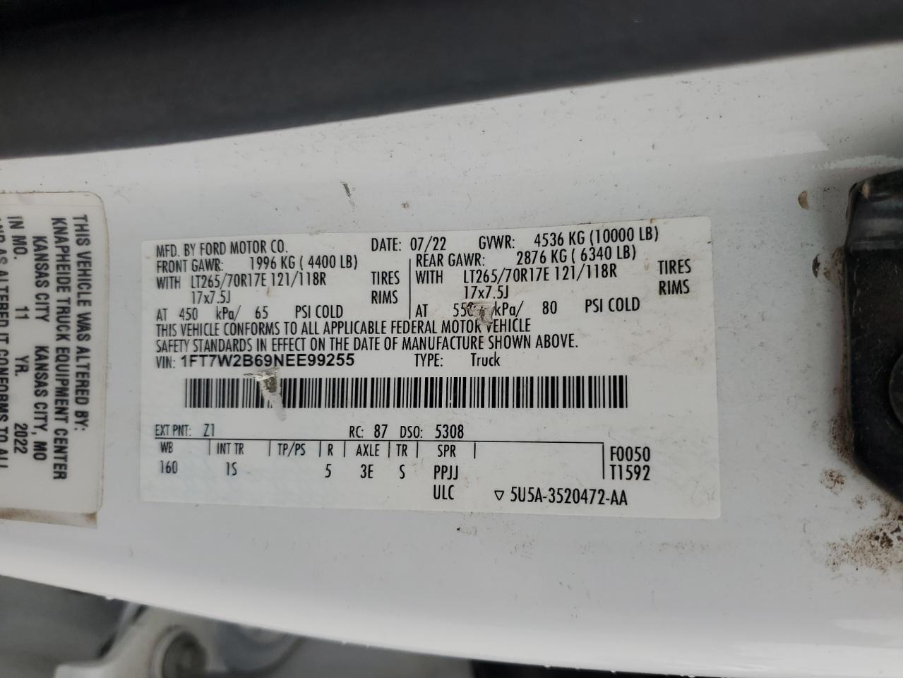 2022 Ford F250 Super Duty VIN: 1FT7W2B69NEE99255 Lot: 62017925