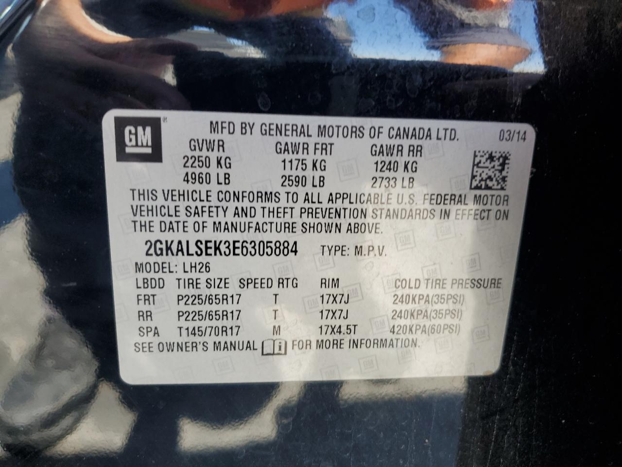 2014 GMC Terrain Slt VIN: 2GKALSEK3E6305884 Lot: 62956695