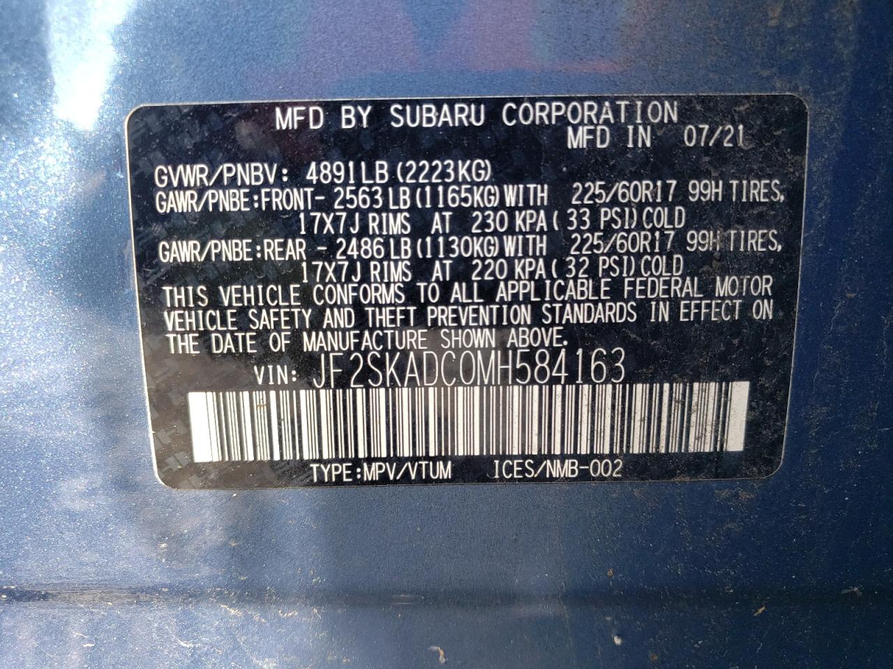 2021 Subaru Forester VIN: JF2SKADC0MH584163 Lot: 62375425