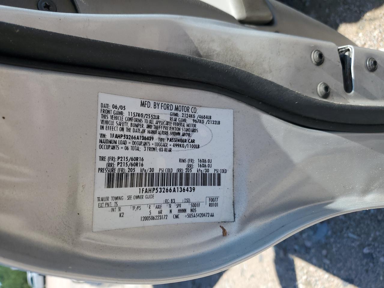 2006 Ford Taurus Se VIN: 1FAHP53266A136439 Lot: 61965815