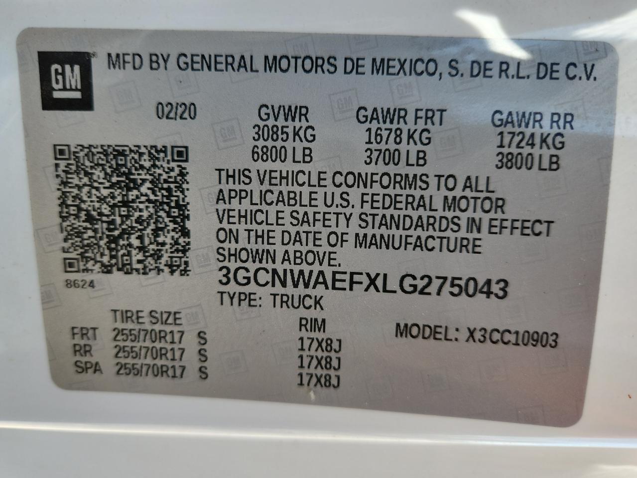 3GCNWAEFXLG275043 CHEVROLET ALL Models 2020