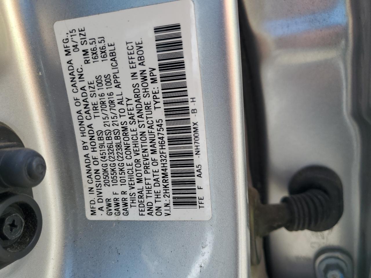 2015 Honda Cr-V Lx VIN: 2HKRM4H32FH647545 Lot: 59294125