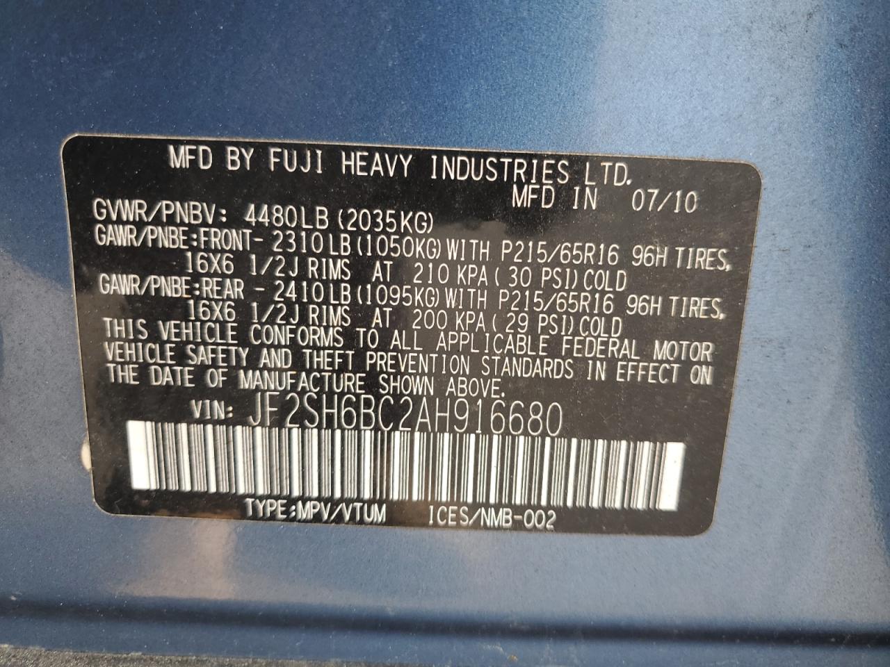 2010 Subaru Forester Xs VIN: JF2SH6BC2AH916680 Lot: 62546615