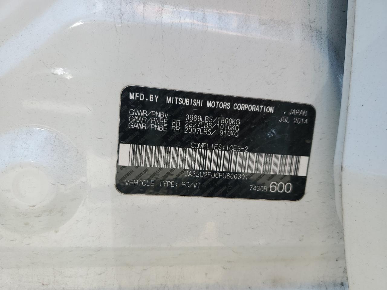 2015 Mitsubishi Lancer Es VIN: JA32U2FU6FU600301 Lot: 62565485