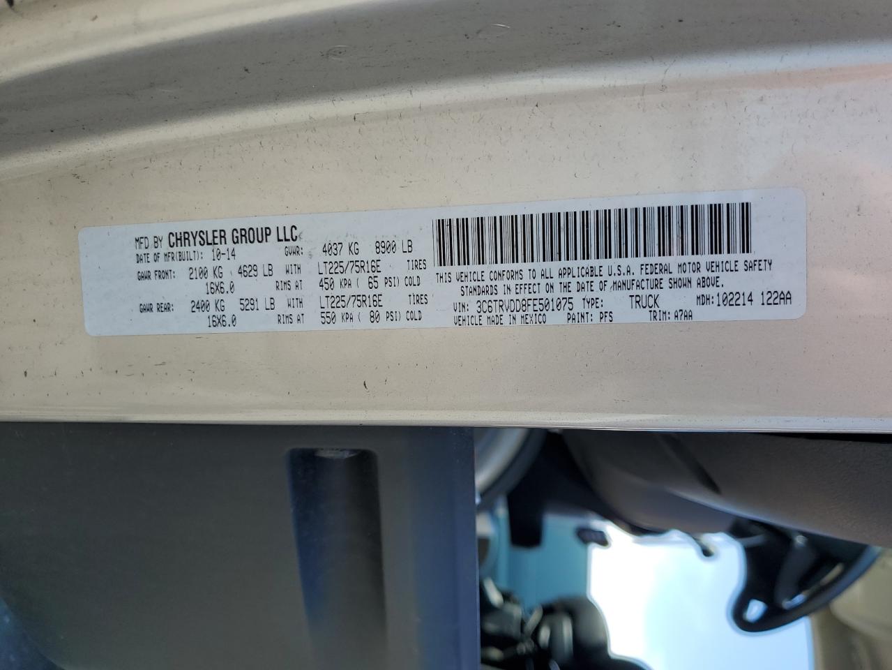 2015 Ram Promaster 2500 2500 High VIN: 3C6TRVDD8FE501075 Lot: 60733465