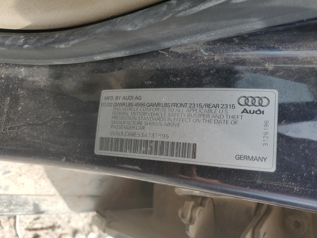 2003 Audi A4 1.8T Quattro VIN: WAULC68E53A131895 Lot: 62475335