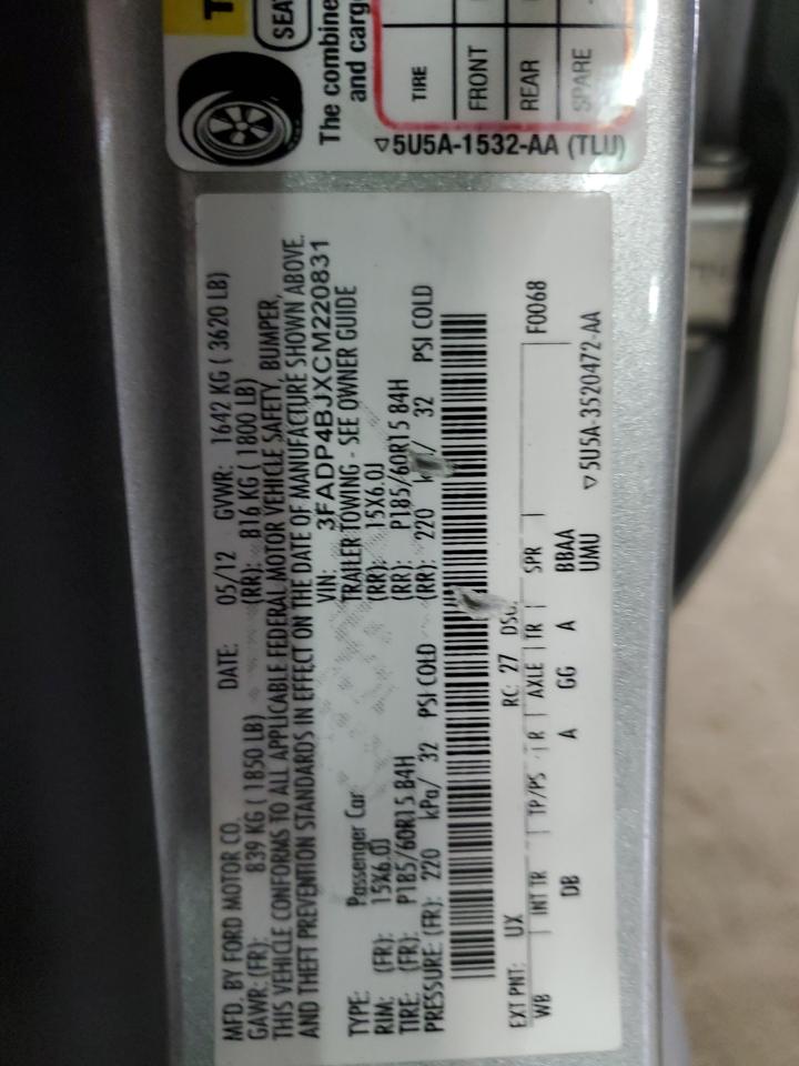 2012 Ford Fiesta Se VIN: 3FADP4BJXCM220831 Lot: 62120505