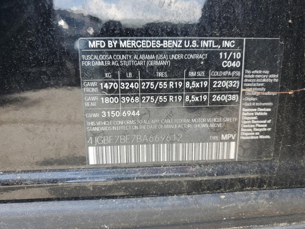 2011 Mercedes-Benz Gl 450 4Matic VIN: 4JGBF7BE7BA669612 Lot: 62521465