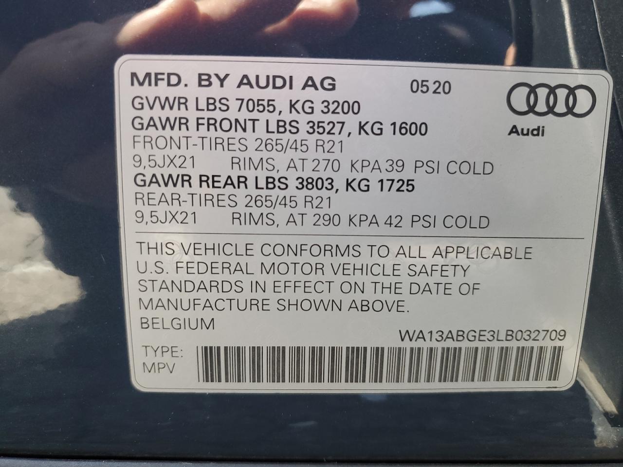 2020 Audi E-Tron Sportback Prestige VIN: WA13ABGE3LB032709 Lot: 60904465