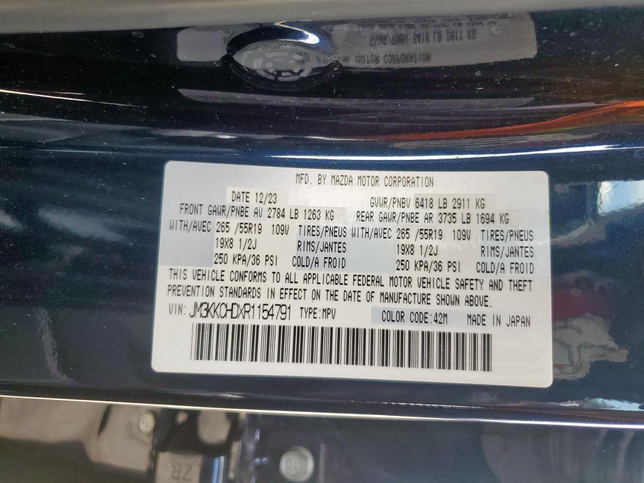 2024 Mazda Cx-90 Preferred Plus VIN: JM3KKCHDXR1154791 Lot: 61748655