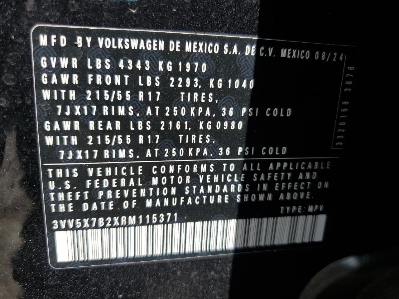 2024 Volkswagen Taos S VIN: 3VV5X7B2XRM115371 Lot: 60991625