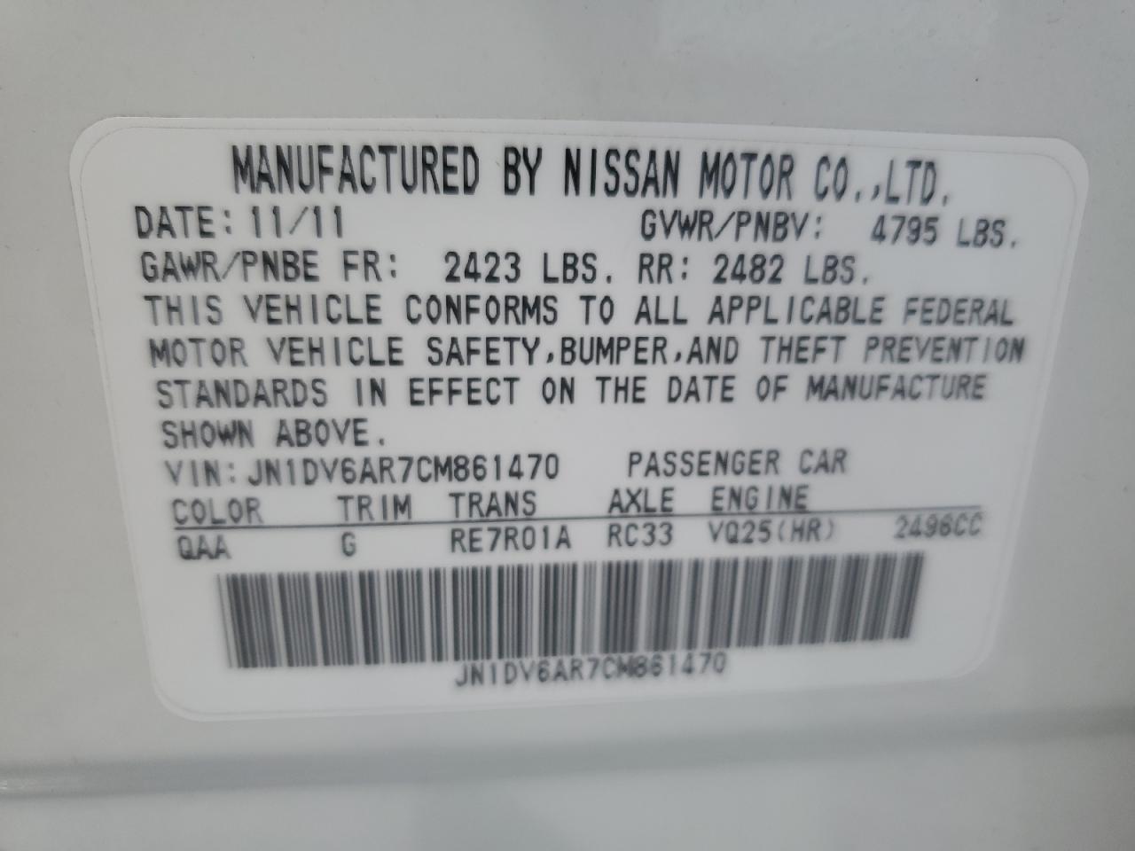 2012 Infiniti G25 VIN: JN1DV6AR7CM861470 Lot: 62828855