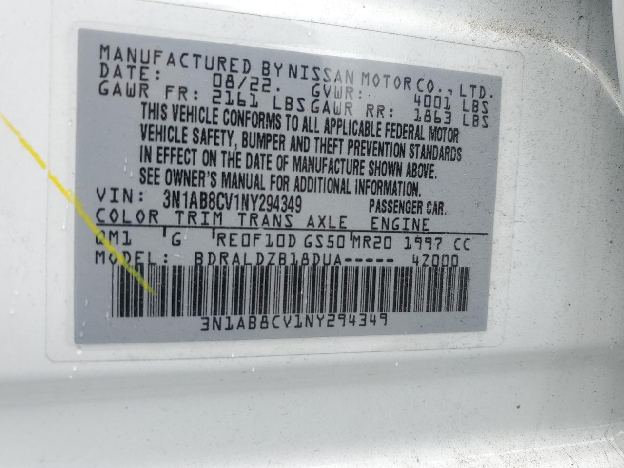 2022 Nissan Sentra Sv VIN: 3N1AB8CV1NY294349 Lot: 62374805