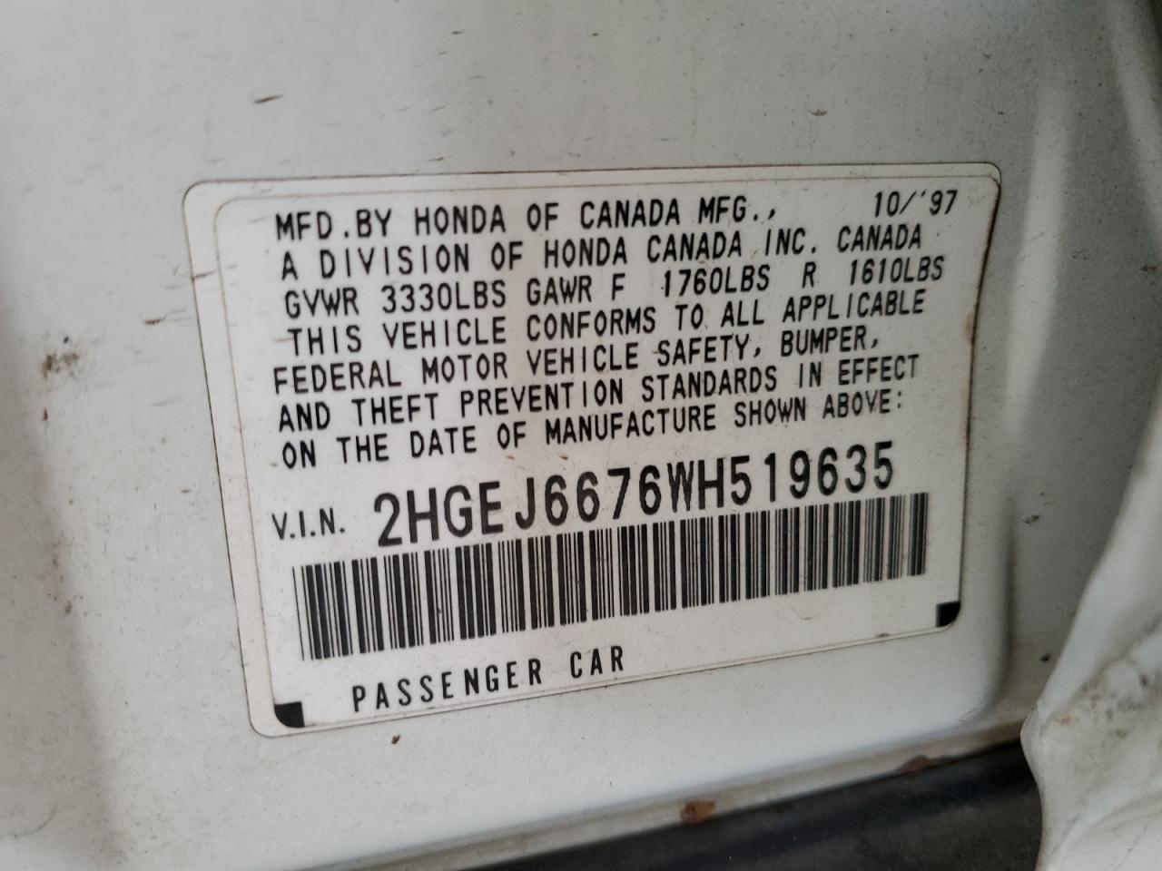 1998 Honda Civic Lx VIN: 2HGEJ6676WH519635 Lot: 62008005