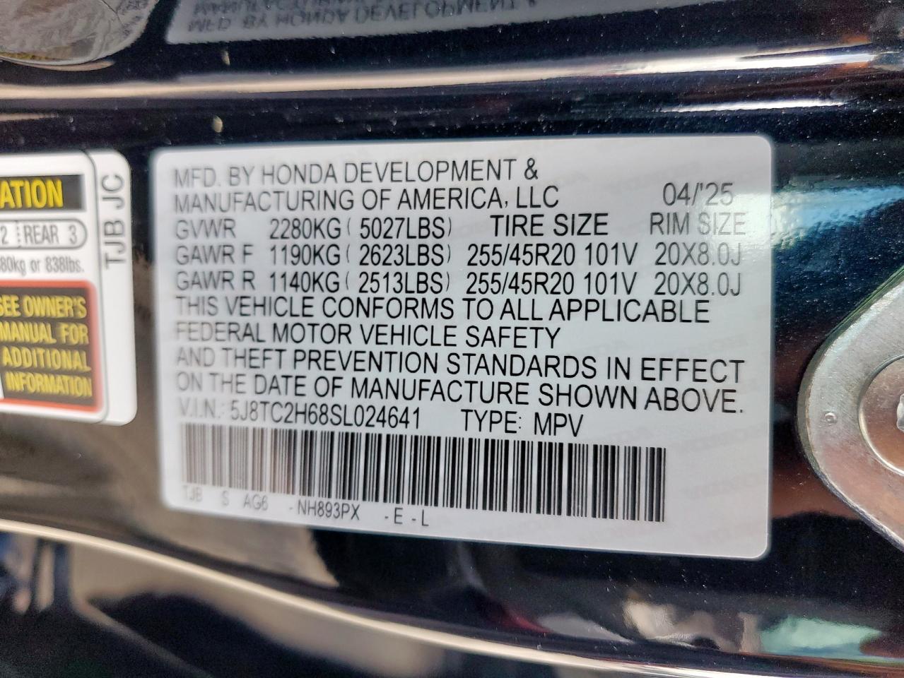 2025 Acura Rdx A-Spec VIN: 5J8TC2H68SL024641 Lot: 62508285