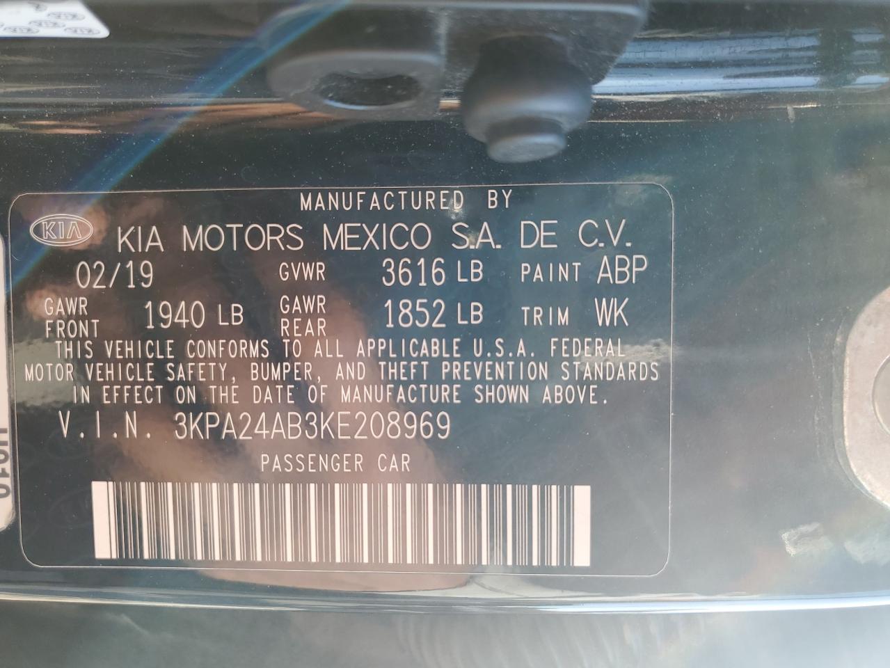 2019 Kia Rio S VIN: 3KPA24AB3KE208969 Lot: 61098895