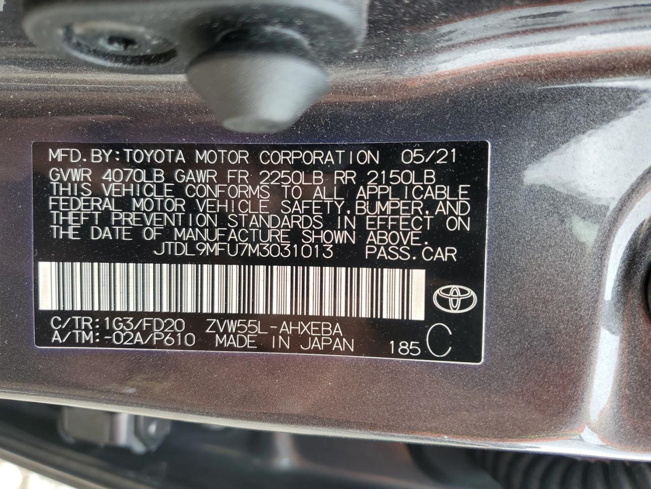2021 Toyota Prius Le VIN: JTDL9MFU7M3031013 Lot: 62990815