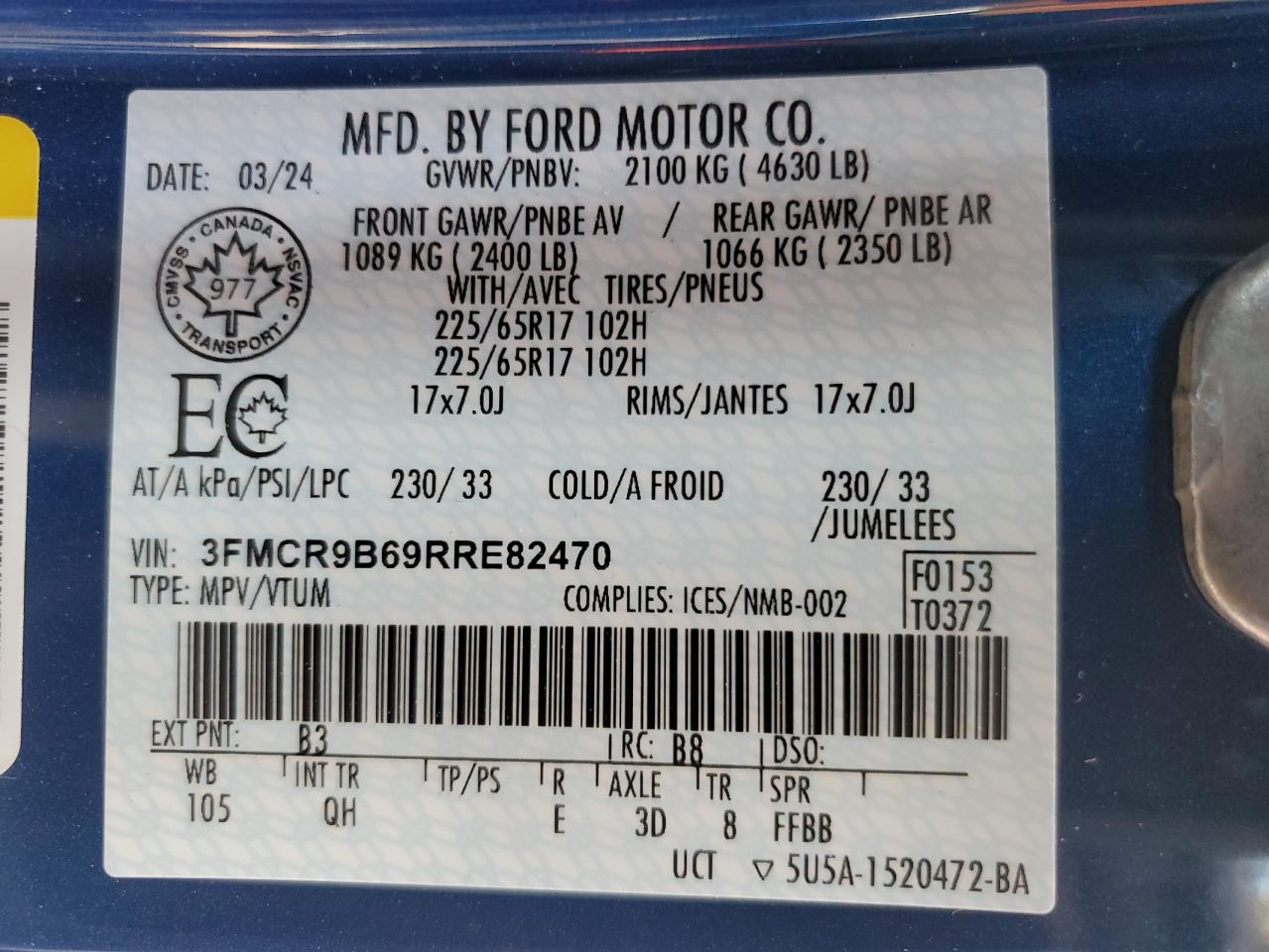 2024 Ford Bronco Sport Big Bend VIN: 3FMCR9B69RRE82470 Lot: 61638525