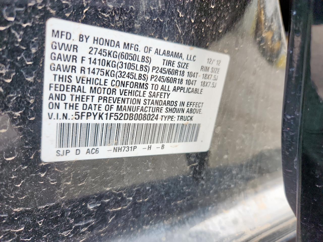 2013 Honda Ridgeline Rtl VIN: 5FPYK1F52DB008024 Lot: 61977725