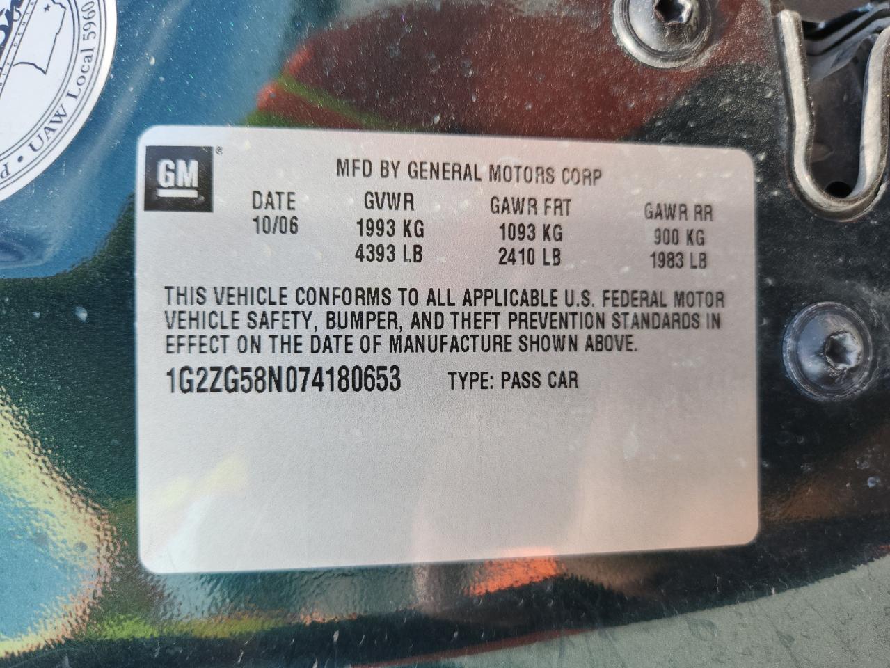 2007 Pontiac G6 Base VIN: 1G2ZG58N074180653 Lot: 61955275