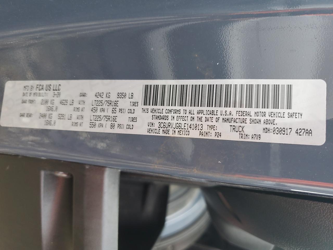 2020 Ram Promaster 3500 3500 High VIN: 3C6URVJG6LE141013 Lot: 58309055