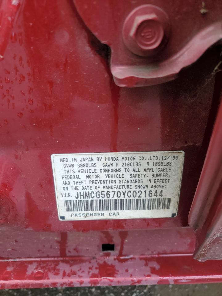 2000 Honda Accord Se VIN: JHMCG5670YC021644 Lot: 59304535