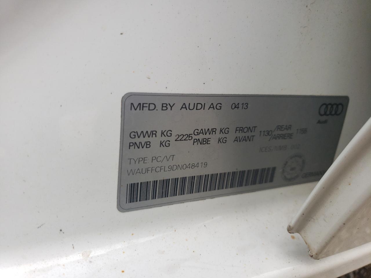 2013 Audi A4 Premium Plus VIN: WAUFFCFL9DN048419 Lot: 62547355