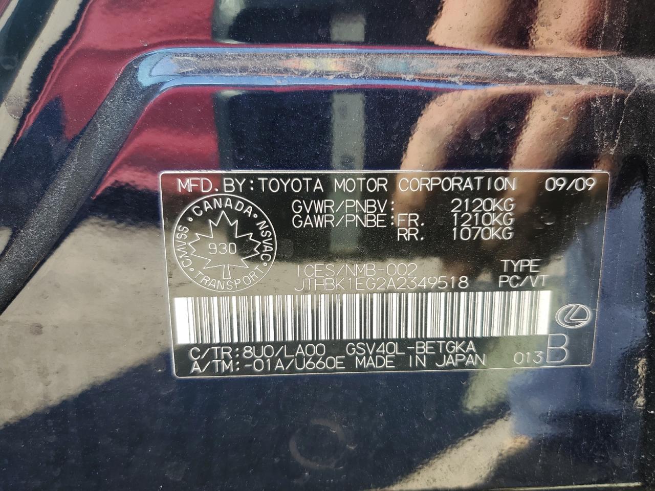 2010 Lexus Es 350 VIN: JTHBK1EG2A2349518 Lot: 62389735