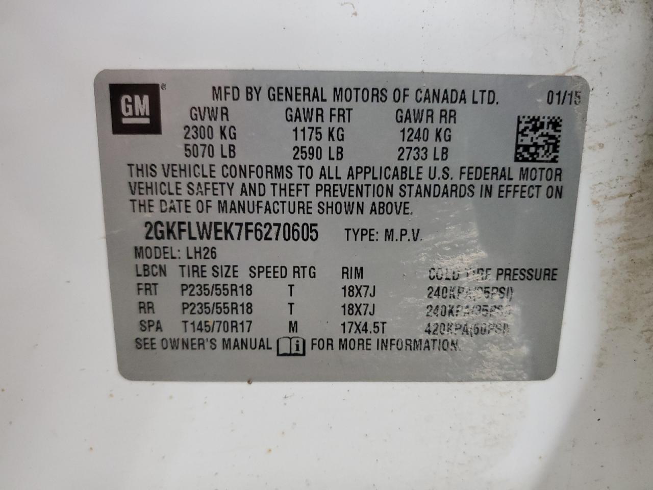 2015 GMC Terrain Sle VIN: 2GKFLWEK7F6270605 Lot: 60456555