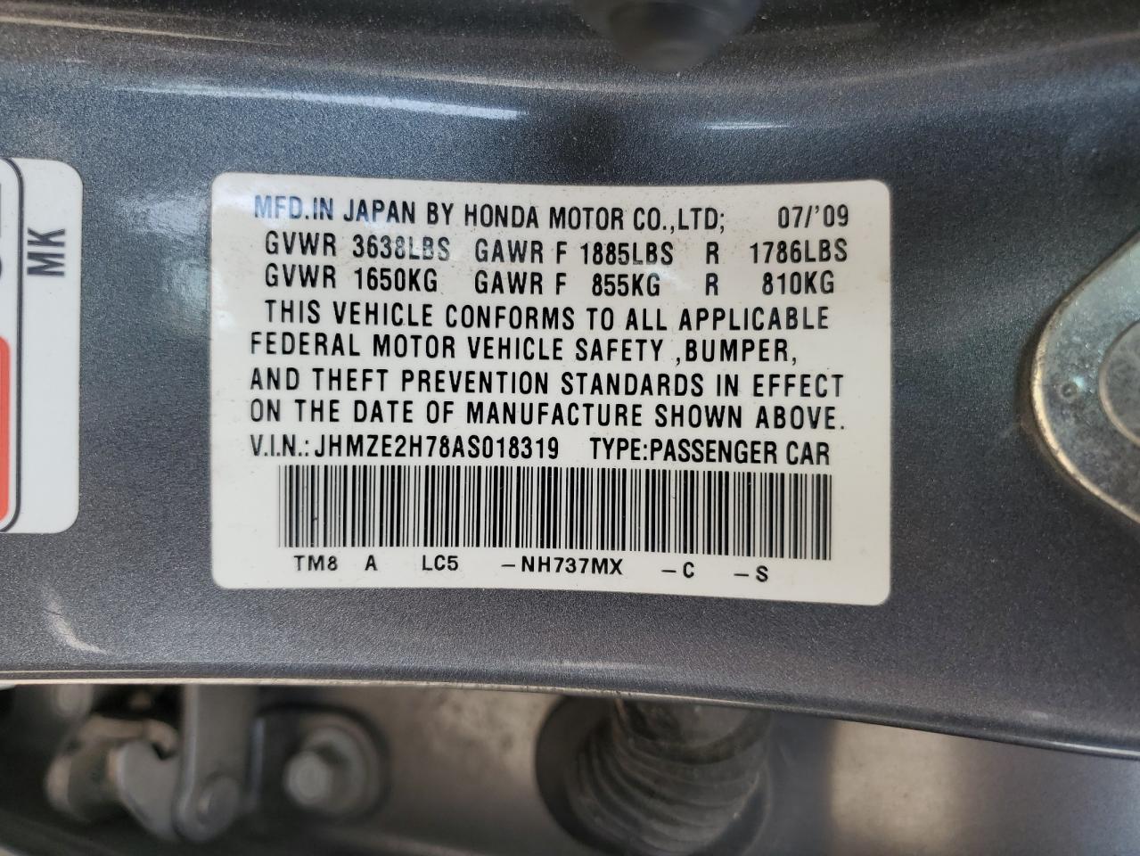 2010 Honda Insight Ex VIN: JHMZE2H78AS018319 Lot: 62223015
