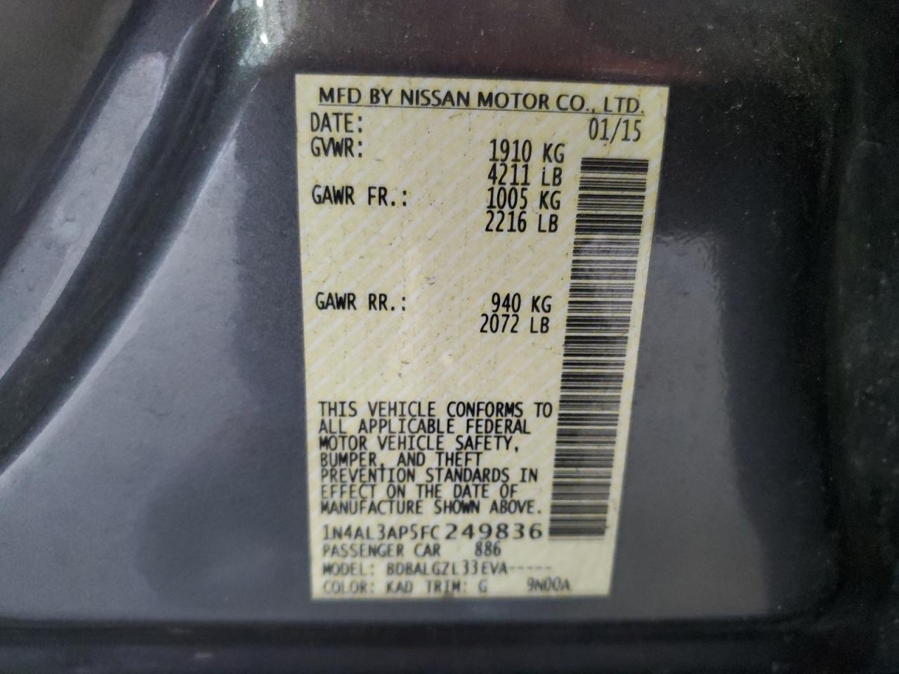 2015 Nissan Altima 2.5 VIN: 1N4AL3AP5FC249836 Lot: 60443285