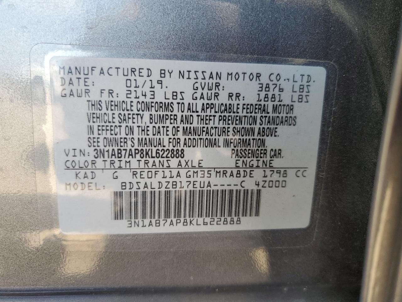 2019 Nissan Sentra S VIN: 3N1AB7AP8KL622888 Lot: 62185675